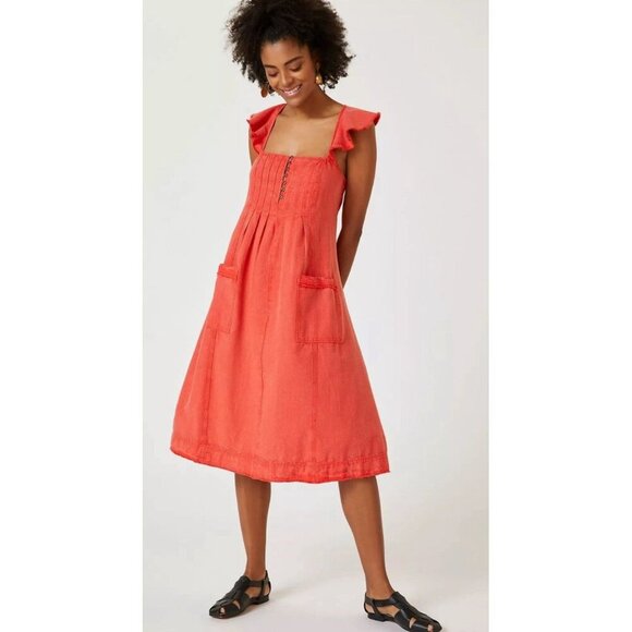 Anthropologie PILCRO Dress Flutter Sleeve Midi Red Cotton Canvas Womens MP - Picture 1 of 15